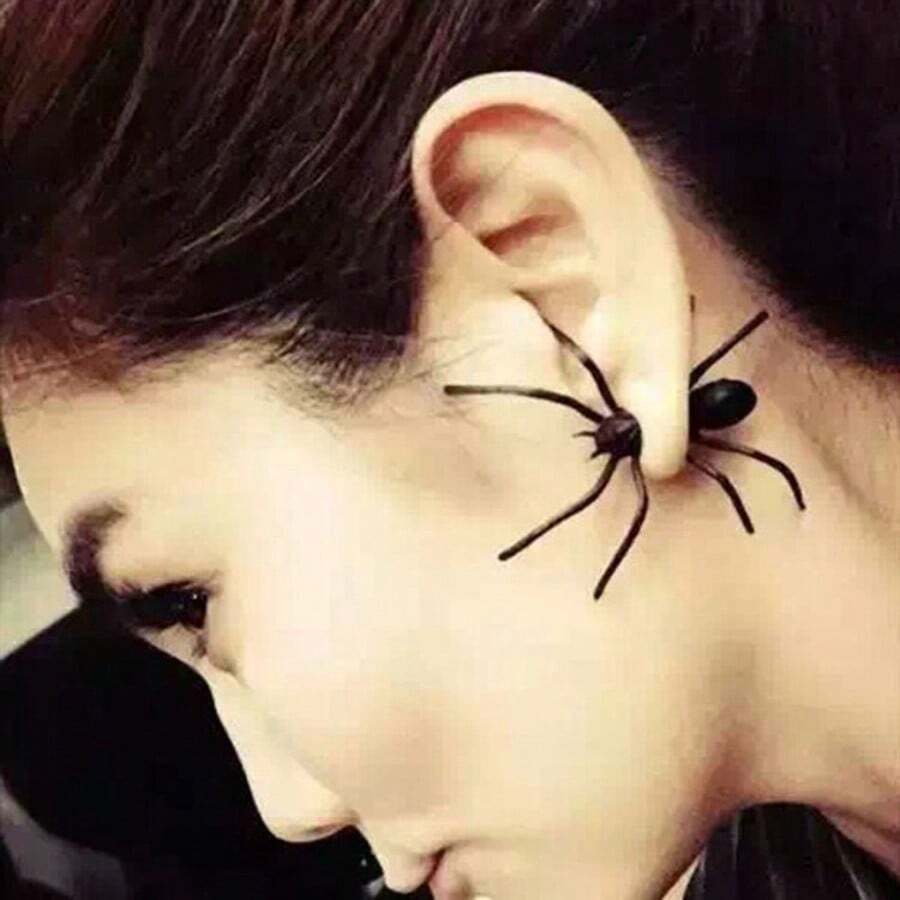 1 chiếc khuyên tai xỏ lỗ hình nhện hợp kim kẽm phong cách Halloween hai mặt trước và sau, độc đáo và sành điệu - màu đen - Xem 1