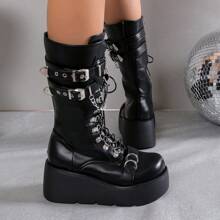 Damskie buty do biegania w stylu punkowym jesień/zima 2025, grube, okrągłe, z bocznym zamkiem błyskawicznym i grubym dnem, czarne, regulowane, płaskie buty z klamrą, damskie wysokiej klasy, do pracy na świeżym powietrzu, lekkie, antypoślizgowe, za kolano