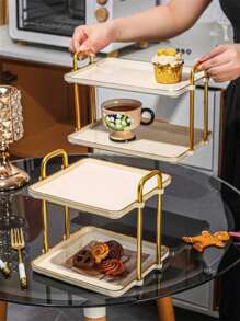 1pc 2-Tier Plastic Dessert Stand, Suitable For Kitchen, Dining Room, Living Room, Fits Teaware, Tableware, Candy, Cookies, Bread, Wedding, Party, Gift, Birthday, Christmas - Milk Platinum Tray Double Layer - View 3