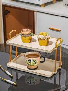1pc 2-Tier Plastic Dessert Stand, Suitable For Kitchen, Dining Room, Living Room, Fits Teaware, Tableware, Candy, Cookies, Bread, Wedding, Party, Gift, Birthday, Christmas - Milk Platinum Tray Double Layer - View 6