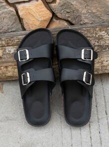 Men's Dual Buckle Soft Cork Sandals, Beach Slippers, Outdoor Flip-Flops, Minimalist, Fashionable, Breathable - Black - View 2
