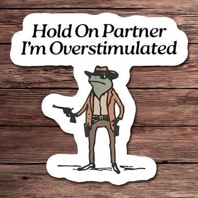 1 件 Hold On I'm Overstimulated 贴纸 – 有趣的牛仔青蛙表情包贴纸 | Weirdcore Unhinged 乙烯基贴纸，适用于笔记本电脑、水瓶和笔记本 | 用这款讽刺贴纸表达您独特的幽默和风格