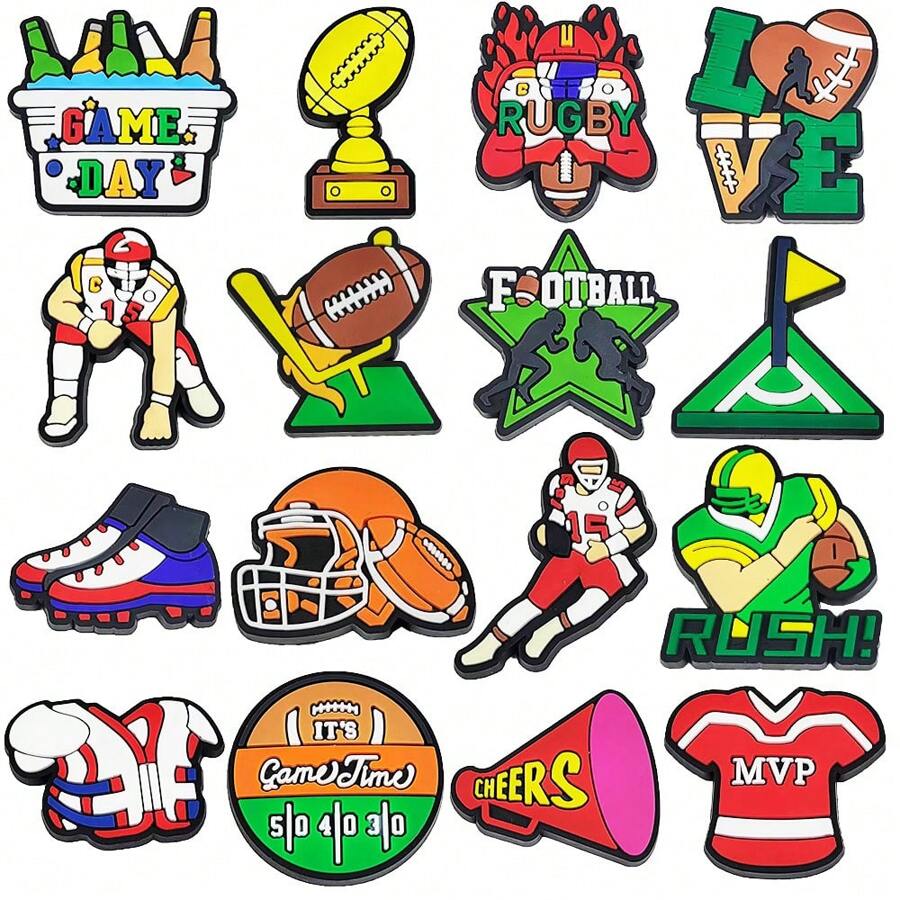 16 件橄榄球运动系列鞋饰套装适用于木屐泡泡拖鞋凉鞋，PVC 鞋饰沙滩包配件生日圣诞节万圣节派对礼物