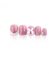 Sanrio Instantly Upgrade Your Look With 24pcs Short Square White French Style Sweet 3D Pink Floral Petal&3D Bow-Knot Laser Glitter Glamnetic Rhinestone Nail Charms Homemade Full Cover Fake Press On Nail Kit Suitable For Daily Spring Will Give Your Look A Romantic Glamnetic - Baby Pink - View 3