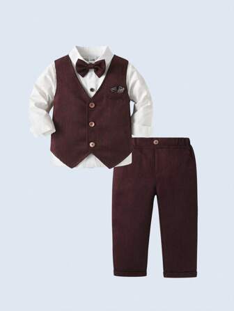 BOARNSEORL 3pcs Baby Boys Gentleman Outfit Set: White Shirt, Bow Tie, And Burgundy Vest & Pants, Suitable For Birthday Party, Outdoor Wedding, Choir Performance