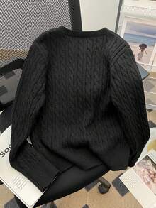 Women High-End Korean Style Long Sleeve Knitted Cardigan, Retro Buttons, Autumn/Winter, For Daily, Dating, Commuting, Long Sleeve Tops - Black - View 2