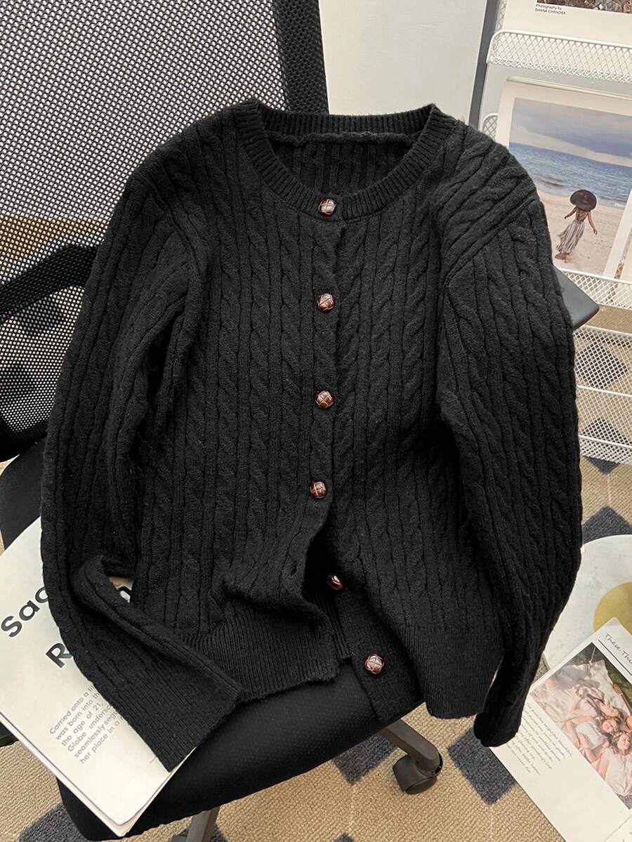 Women High-End Korean Style Long Sleeve Knitted Cardigan, Retro Buttons, Autumn/Winter, For Daily, Dating, Commuting, Long Sleeve Tops - Black - View 1