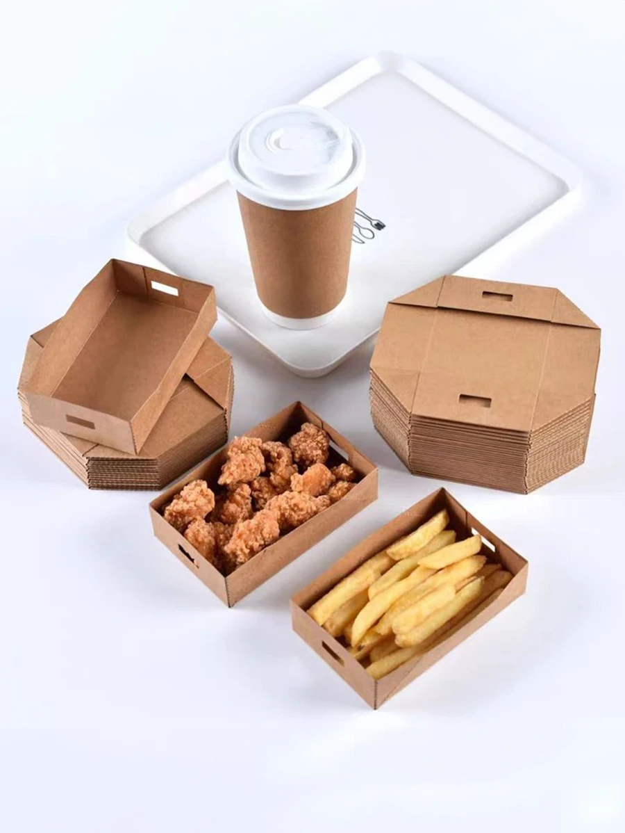 10 hộp đựng thực phẩm bằng giấy Kraft gấp miễn phí, hộp đựng khoai tây chiên, hộp đựng gà, đĩa đựng khoai tây chiên, hộp đựng thực phẩm mang đi, khay đựng gà bỏng ngô, hộp đựng thực phẩm chiên - màu nâu - Xem 1