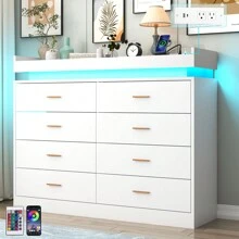 8 Drawer Dresser With USB Charger LED Light, Modern Chest Of Drawers For Closet, Wide Drawer Organizer Cabinet For Bedroom, Living Room, Entryway, Hallway - 美規B型插(110-127V) - 查看 2