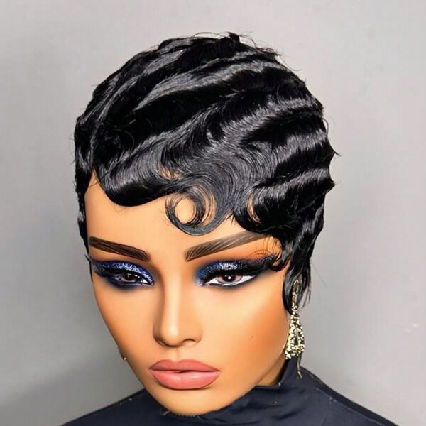 1 Pc Finger Wave Pixie Cut Wigs Human Hair Black Color 150% Density Ocean Wave Short Pixie Cut Human Hair Wigs For Women Brazilian Remy Machine Made Wig Non Lace Glueless