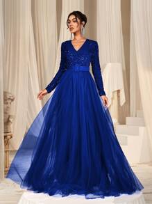 Faeriesty Surplice Neck Sequin Bodice Contrast Mesh Hem Belted Formal Evening Dress - Royal Blue - View 2