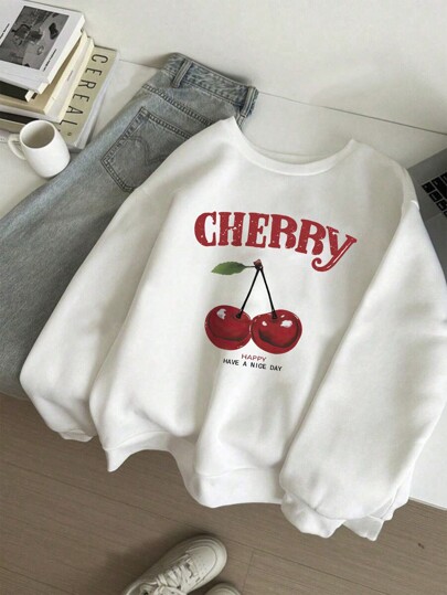 1pc Girls' Casual Cherry Print Crew Neck Sweatshirt, Thick Long Sleeve Student Pullover For Autumn/Winter