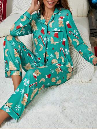 1set Christmas Themed Women's Sleepwear Pajama Set - Casual Polyester Knit Fabric, With Pockets, Long Sleeve Top And Long Pants, Reversible Collar, Suitable For Adult Holiday Pajamas In Autumn/Winter