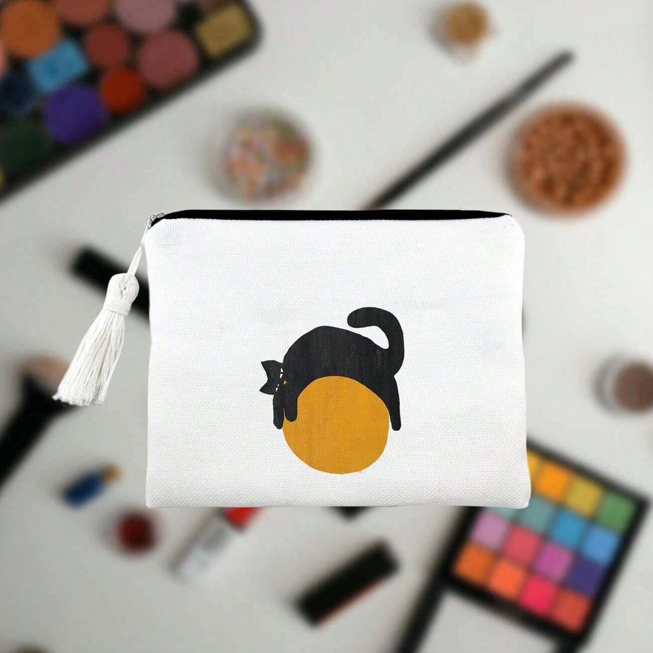 1pc Portable Cute Black Cat Canvas Makeup Bag, Makeup Tools & Cosmetics