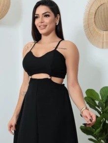 Women's Long Dress With Opening And Front Slit Duna Fabric Women's Fashion Casual Elegant - 黑色 - 查看 2