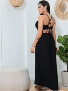 Women's Long Dress With Opening And Front Slit Duna Fabric Women's Fashion Casual Elegant - 黑色 - 查看 3