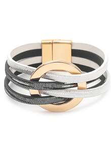 1pc European & American Style Multi-Layer PU Leather Women's Alloy Big Round Ring Magnetic Clasp Black & White Bracelet - White With Black - View 3