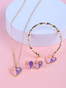 1 套女孩首饰套装，金色锌合金手链、项链、耳环、戒指，带心形、花朵和皇冠元素，生日礼物、节日礼物、派对首饰、圣诞礼物 - 彩色 - 查看 5