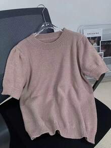 Women's Minimalist Short Sleeve Solid Crew Neck Puff Sleeve Knit Top - Camel - View 5