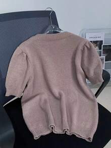 Women's Minimalist Short Sleeve Solid Crew Neck Puff Sleeve Knit Top - Camel - View 4