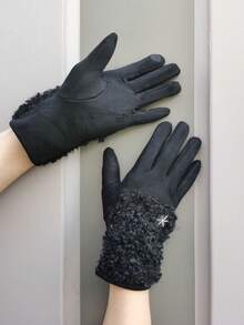 1 双女士多色可选纯色休闲优雅街头涤纶绗缝后面板雪花装饰触摸屏全指手套，适合秋冬季外出、约会、假期、大学派对、成熟日常使用 - A - 查看 7