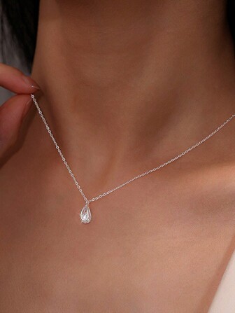 1pc 925 Sterling Silver Minimalist Teardrop Cubic Zirconia Necklace, Luxury Small Designer Diamond Rhinestone Dainty Choker Pendant Necklace, Daily Wear Gift