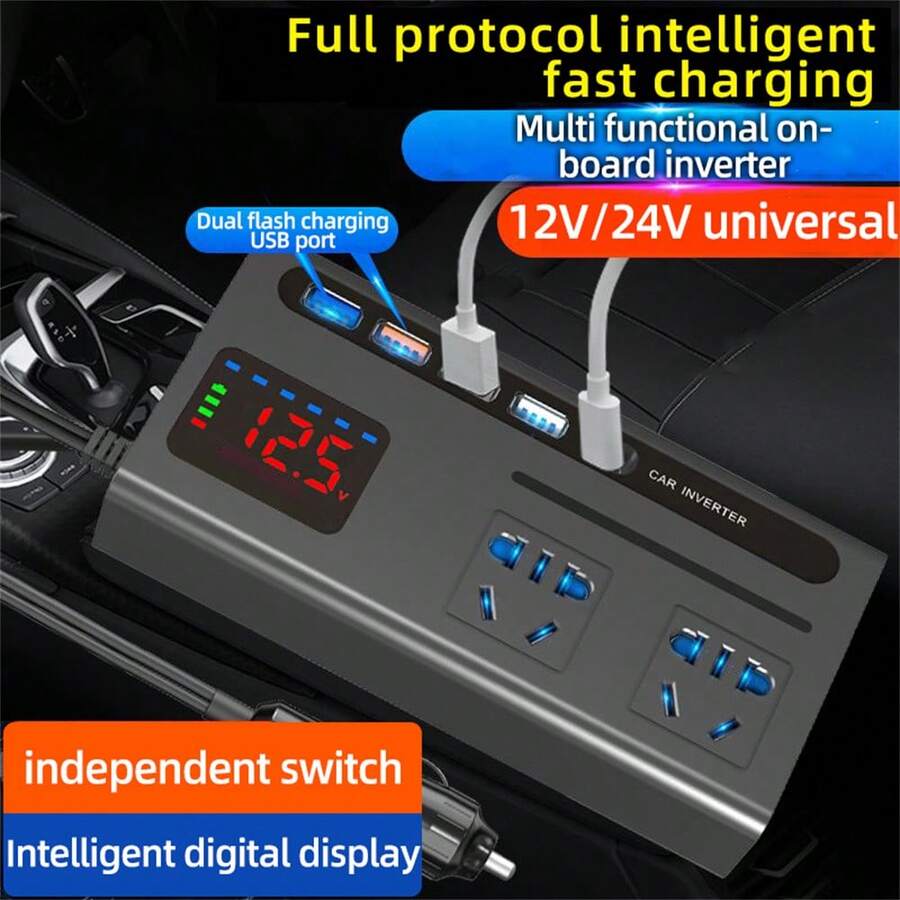 200W Car Power Inverter12V To 110V Car Inverter, 2 USB 1 TypeC Ports