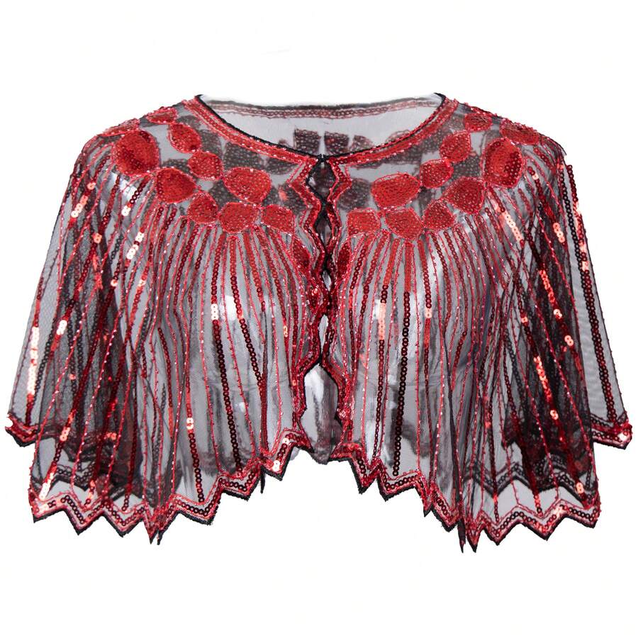 1920 年代 1920 年代欧美复古亮片披肩珠饰女士串珠飞浪晚宴披肩适合正式派对婚礼正式哈莱姆之夜 - 紅色 - 查看 1