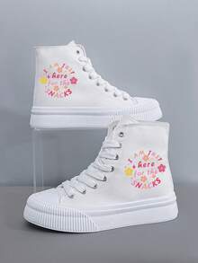 女式高帮平底雪地靴，带有创意“我来这里只是为了吃零食”印花，简约风格，白色帆布，适合休闲、秋冬季 - 白色 - 查看 5