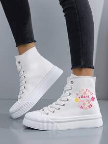 女式高帮平底雪地靴，带有创意“我来这里只是为了吃零食”印花，简约风格，白色帆布，适合休闲、秋冬季 - 白色 - 查看 1