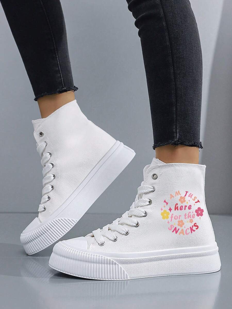 女式高帮平底雪地靴，带有创意“我来这里只是为了吃零食”印花，简约风格，白色帆布，适合休闲、秋冬季 - 白色 - 查看 1