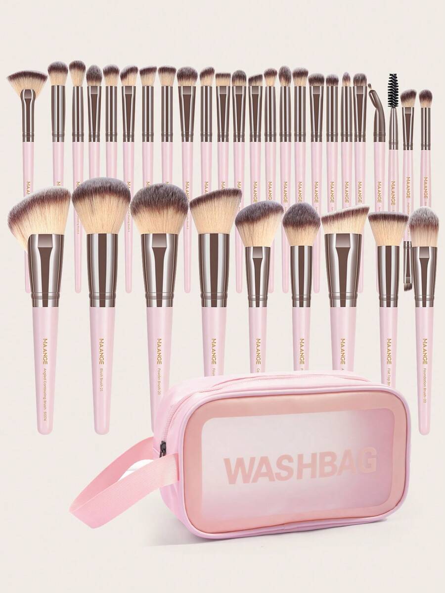 MAANGE 33pcs Professional Makeup Brush Set With Storage Bag,Blush Brush Foundation Brush Loose Powder Brush Eyeshadow Brush Contour Brush Concealer Brush Eyebrow Brush Eyeliner Brush Highlighter Brush Contour Brush Lip Brush Makeup Tools With Soft Brush Hair And Skin Friendly For Easy Carrying,Brush For Travel And School,Gift For Women&Girls - 粉色 - 查看 1