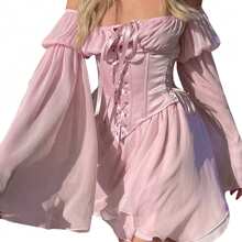 Women's Off Shoulder Mesh Mini Dress Long Puff Sleeve Bell Sleeve Mesh A-Line Swing Short Mini Dress - 粉色 - 查看 2