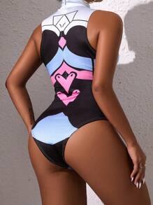 One Piece Women's Role Play Anime Blue And Pink Color Contrast Sexy Tight Open Shift Slip Free One-Piece Costume - Blue - View 2