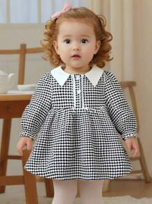 Polka Dot Print Long Sleeve Velvet Dress, Autumn - Black and White - View 1