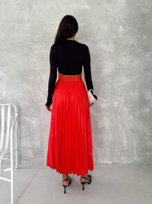 Women's Pleaded Skirt Modest Women's Skirt Pleaded Long Solid Color Midi Skirt - 紅色 - 查看 3