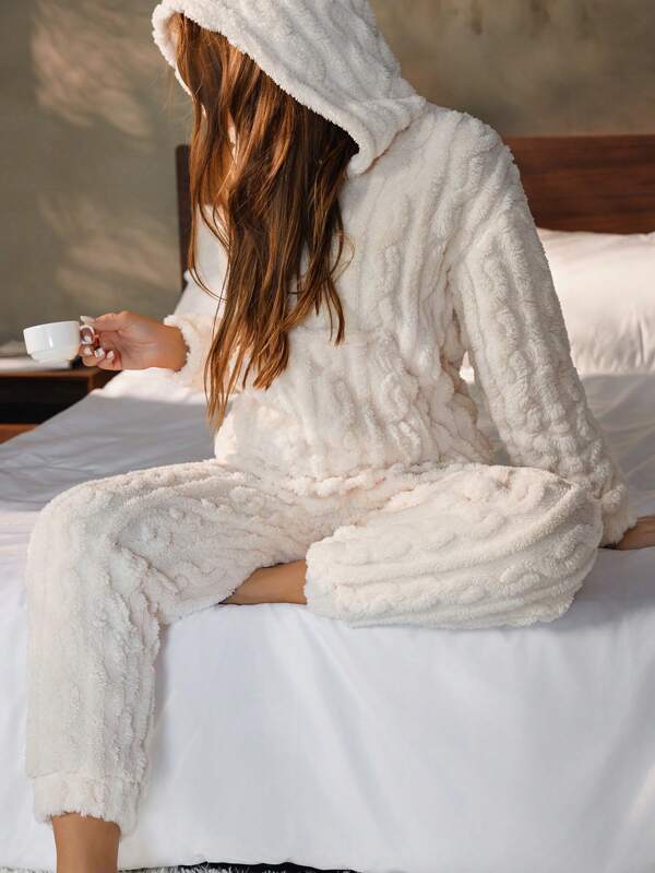 Nina Bonheur 2 pezzi Set pigiama donna con felpa con cappuccio in pile spesso e pantaloni comodi da casa, abbigliamento autunno/inverno