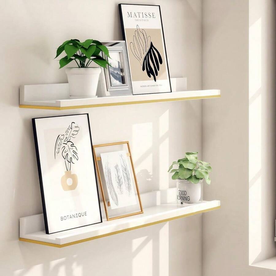 Floating Shelves For Wall 60cm, White And Gold Wall Mounted Shelf With