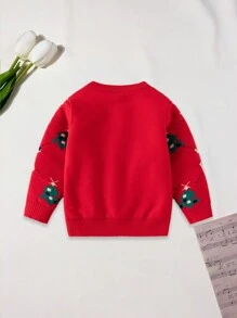 1 pezzo Maglione lavorato a maglia a girocollo rosso, spesso, con motivo casuale a renna e albero di Natale in stile cartoonesco, morbido, caldo e confortevole, adatto a bambini piccoli per l'uso interno/esterno, in primavera, autunno e inverno
