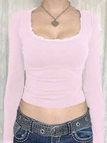 Women U-Neck Lace Trim Long Sleeve T-Shirt  Slim Fit Spring Fall Tops  Streetwear Fashion - 粉色 - 查看 4