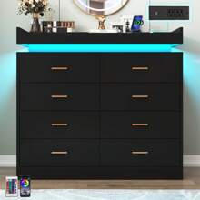 8 Drawer Dresser With USB Charger LED Light, Modern Chest Of Drawers For Closet, Wide Drawer Organizer Cabinet For Bedroom, Living Room, Entryway, Hallway - 美規B型插(110-127V) - 查看 5
