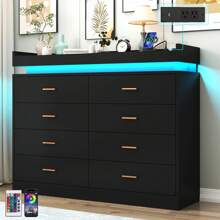 8 Drawer Dresser With USB Charger LED Light, Modern Chest Of Drawers For Closet, Wide Drawer Organizer Cabinet For Bedroom, Living Room, Entryway, Hallway - 美規B型插(110-127V) - 查看 1