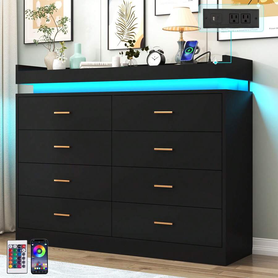 8 Drawer Dresser With USB Charger LED Light, Modern Chest Of Drawers For Closet, Wide Drawer Organizer Cabinet For Bedroom, Living Room, Entryway, Hallway - 美規B型插(110-127V) - 查看 1