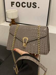 鳄鱼压纹翻盖链条方形包，轻便商务休闲小号 PU 皮革纯色方形单肩包，适合日常使用的完美单肩包，适合青少年女孩、女大学生、新秀和白领人士，适合办公室、大学、工作、商务、通勤、户外、旅行、郊游，适合女士的最佳工作包，生日礼物、配饰、情人节礼物，女士女孩、女士青少年，适合大学生、学校学生的礼物 - 彩色 - 查看 6