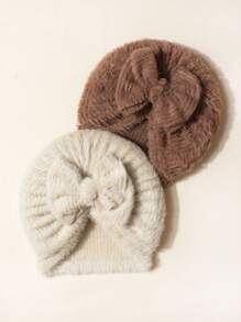 2pcs Baby Hat For Newborn Baby 1-3 Years Bow Hat Plush Hat Baby Girls Fall Clothes Baby Boy Hat Little Girl Hat Set Little Boy Hat Set Baby Autumn And Winter Hair Accessories Toddler Hair Accessories - Multicolor - View 5