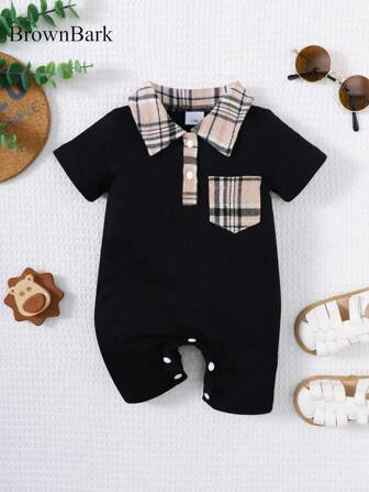 BrownBark Mono de manga corta casual y lindo para bebé niño recién nacido en verano, ropa de bebé niño suave y cómoda, mono de estilo polo de textura a cuadros de manga corta adecuado para salidas casuales diarias en interiores
