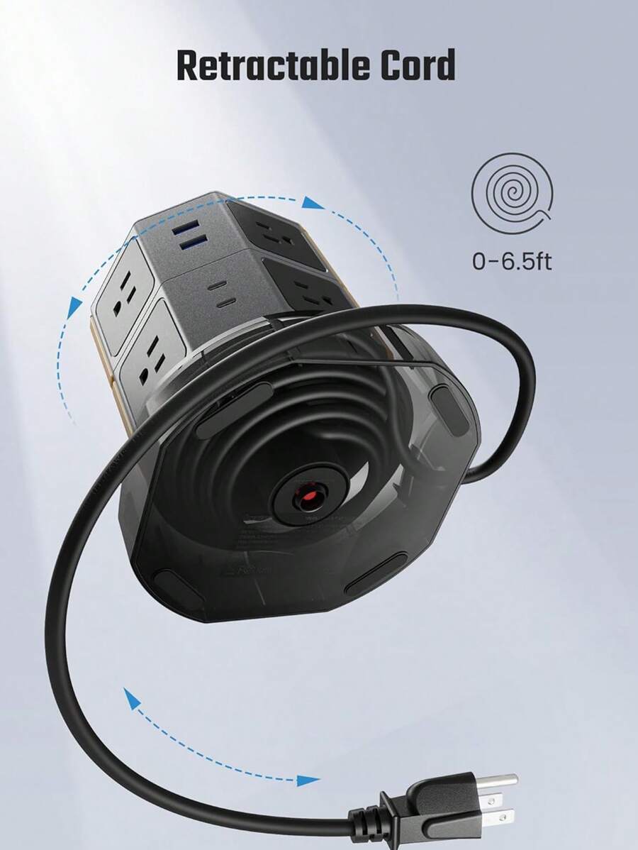 DEPOW Power Strip Tower With 15W Wireless Charger, 6.5Ft Retractable