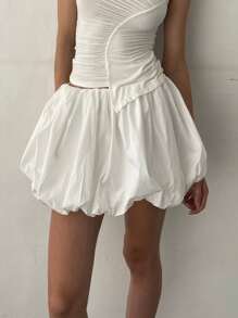 Women Y2K Bubble Mini Skirt Cute Ruffle Short Skirts Solid Color High Waist Puffy Flowy Balloon Skirt - 白色 - 查看 4