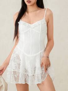 Women Summer Mini Cami Dress Sleeveless Backless Lace Floral Tiered Ruffle Hem Party Dress - 白色 - 查看 10