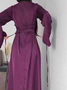 Women Elegant Solid Color Bell Sleeve Modest Long Sleeve Dress